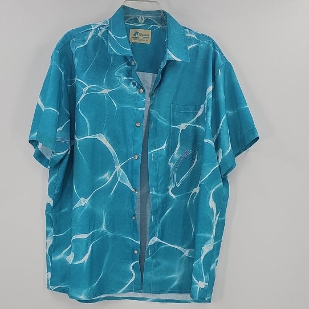 Mens Sz XXL Bright Blue Hawaiian Tropical Print Casual Button Up Shirt ROYAURA